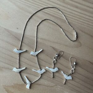 VTG Fetish MOP Shell Bird Necklace 16.5" w Earrings Silver Plated Southwestern‎